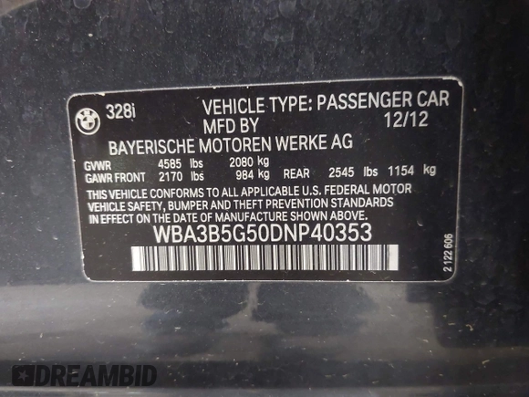 2013 BMW 3 Series 328i xDrive с VIN WBA3B5G50DNP40353, выставлен на аукционе IAAI как лот 42425411 с пробегом 112 879 миль миль и . История ставок и продаж доступна на DreamBid. Изображение 9.
