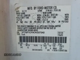 2012 Ford F-150 XL with VIN 1FTNF1CF9CKD27242, listed as a Copart auction lot 62665505 with 202,023 mi miles and Salvage title. Bid and sale history available at DreamBid. Image 12.