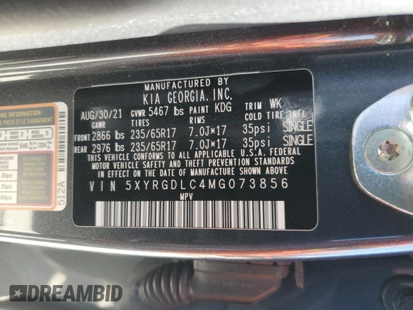 2021 Kia Sorento LX z VIN 5XYRGDLC4MG073856, wystawiony jako Copart lot #55114875 z przebiegiem 52 439 mil mil oraz Szkoda całkowita • Salvage title. Historia ofert i sprzedaży dostępna na DreamBid. Obrazek 13.