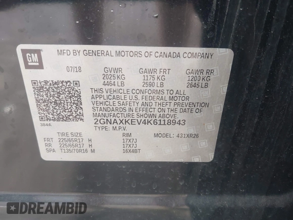 2019 Chevrolet Equinox LT with VIN 2GNAXKEV4K6118943, listed as a IAAI auction lot 42075986 with 100,000 mi miles and . Bid and sale history available at carsss.com. Image 9.