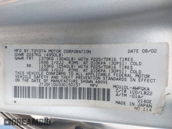 2003 Lexus RX 300 with VIN JTJGF10U330150157, listed as a IAAI auction lot 41325933 with 198,075 mi miles and . Bid and sale history available at carsss.com. Image 9.