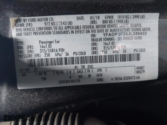 2018 Ford Focus SE with VIN 1FADP3F26JL249433, listed as a IAAI auction lot 41871395 with 131,357 mi miles. Bid and sale history available at carsss.com. Image 9.
