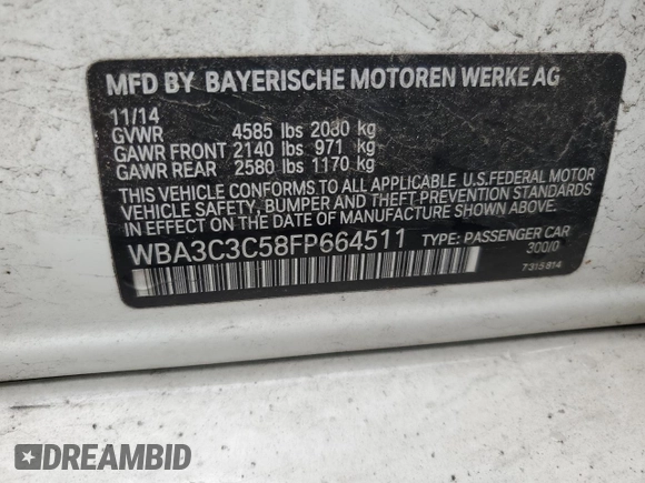 2015 BMW 3 Series 320i xDrive z VIN WBA3C3C58FP664511, wystawiony jako Copart lot #62542575 z przebiegiem 62 084 mil mil oraz Czysty tytuł • Clean title. Historia ofert i sprzedaży dostępna na DreamBid. Obrazek 12.
