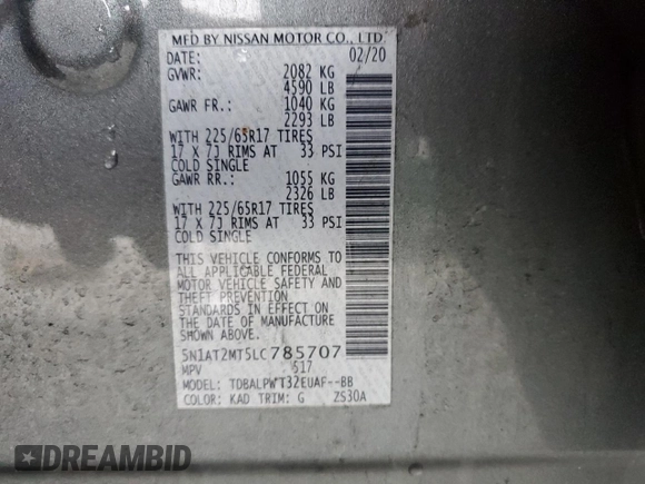2020 Nissan Rogue S with VIN 5N1AT2MT5LC785707, listed as a Copart auction lot 48551765 with 227,579 mi miles and Salvage Title. Bid and sale history available at carsss.com. Image 14.