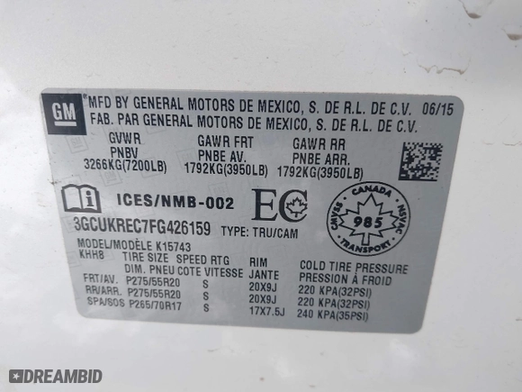 2015 Chevrolet Silverado 1500 LT with VIN 3GCUKREC7FG426159, listed as a IAAI auction lot 40960152 with 120,107 mi miles. Bid and sale history available at carsss.com. Image 9.