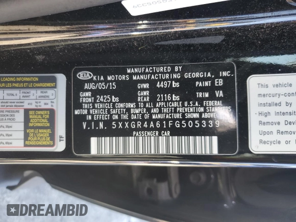2015 Kia Optima SXL Turbo with VIN 5XXGR4A61FG505339, listed as a Copart auction lot 49026685 with 63,507 mi miles and Salvage Title. Bid and sale history available at DreamBid. Image 12.