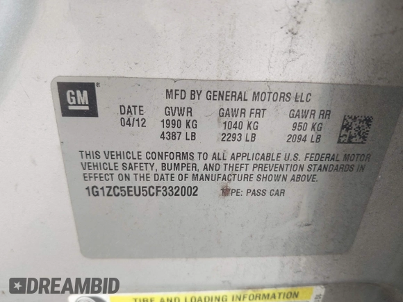 2012 Chevrolet Malibu 1LT with VIN 1G1ZC5EU5CF332002, listed as a IAAI auction lot 42136845 with 141,051 mi miles and . Bid and sale history available at DreamBid. Image 9.
