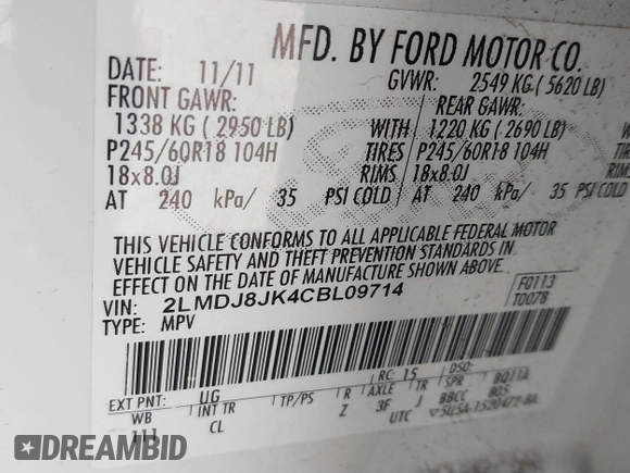 2012 Lincoln MKX with VIN 2LMDJ8JK4CBL09714, listed as a IAAI auction lot 41902666 with 105,937 mi miles and . Bid and sale history available at DreamBid. Image 9.