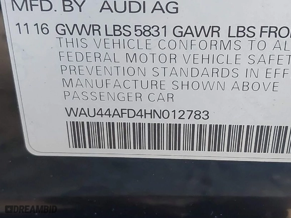 2017 Audi A8 L with VIN WAU44AFD4HN012783, listed as a IAAI auction lot 41303322 with 90,879 mi miles. Bid and sale history available at carsss.com. Image 9.