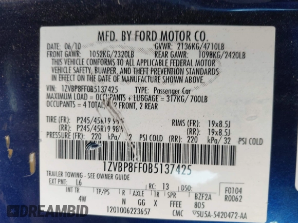 2011 Ford Mustang GT with VIN 1ZVBP8FF0B5137425, listed as a IAAI auction lot 41658857 with 123,072 mi miles and . Bid and sale history available at DreamBid. Image 9.