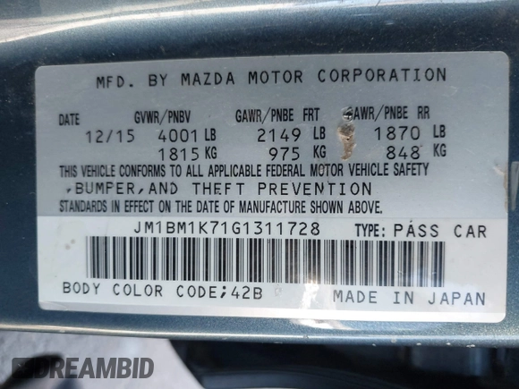2016 Mazda 3 i Sport with VIN JM1BM1K71G1311728, listed as a IAAI auction lot 41595760 with 125,775 mi miles and . Bid and sale history available at DreamBid. Image 9.