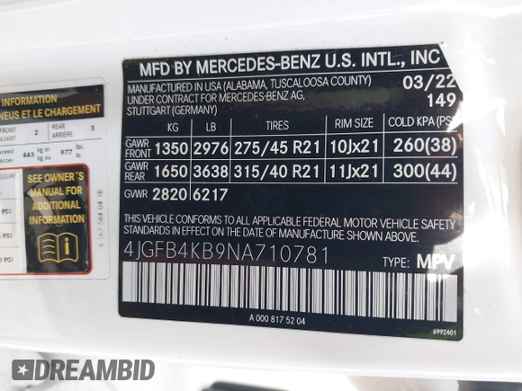 2022 Mercedes-Benz GLE 350 with VIN 4JGFB4KB9NA710781, listed as a IAAI auction lot 41723343 with 47,316 mi miles and . Bid and sale history available at DreamBid. Image 9.