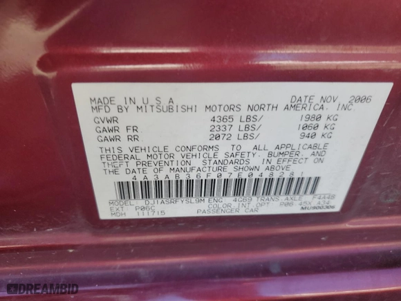 2007 Mitsubishi Galant ES with VIN 4A3AB36F07E048281, listed as a Copart auction lot 49647895 with 208,601 mi miles and Salvage Title. Bid and sale history available at carsss.com. Image 14.