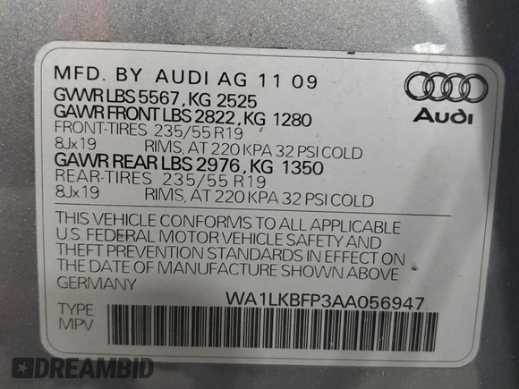 2010 Audi Q5 with VIN WA1LKBFP3AA056947, listed as a Copart auction lot 42567215 with 98,656 mi miles and Salvage title. Bid and sale history available at DreamBid. Image 14.