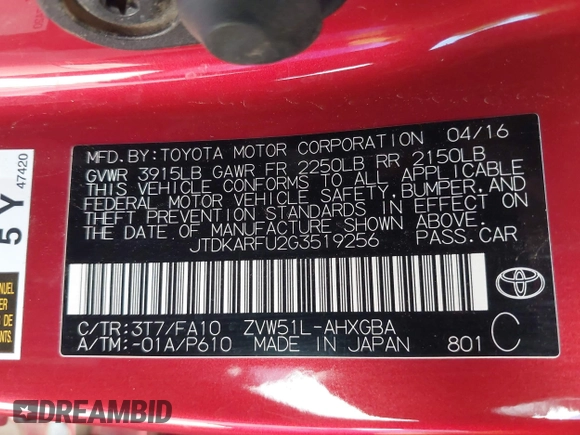 2016 Toyota Prius Four with VIN JTDKARFU2G3519256, listed as a IAAI auction lot 41690372 with 179,268 mi miles. Bid and sale history available at carsss.com. Image 9.