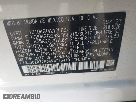 2024 Honda HR-V LX with VIN 3CZRZ2H36RM725419, listed as a IAAI auction lot 41770936 with 26,608 mi miles and . Bid and sale history available at DreamBid. Image 9.