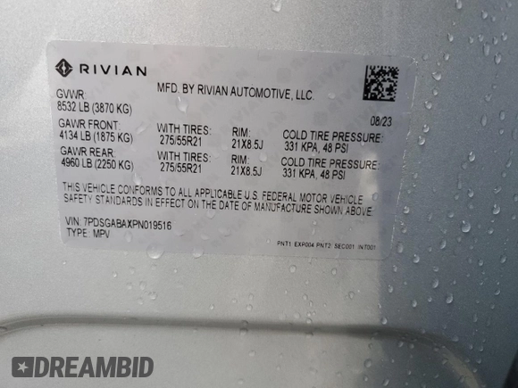 2023 Rivian R1S Adventure z VIN 7PDSGABAXPN019516, wystawiony jako Copart lot #73248104 z przebiegiem 11 525 mil mil oraz Szkody całkowita. Historia ofert i sprzedaży dostępna na DreamBid. Obrazek 14.