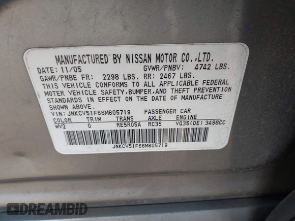 2006 Infiniti G35 with VIN JNKCV51F66M605719, listed as a IAAI auction lot 41766035 with 139,918 mi miles and . Bid and sale history available at carsss.com. Image 9.