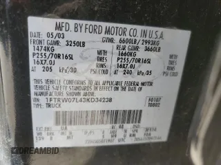 2003 Ford F-150 XLT with VIN 1FTRW07L43KD34238, listed as a Copart auction lot 46298955 with 262,944 mi miles and Clean Title. Bid and sale history available at carsss.com. Image 14.