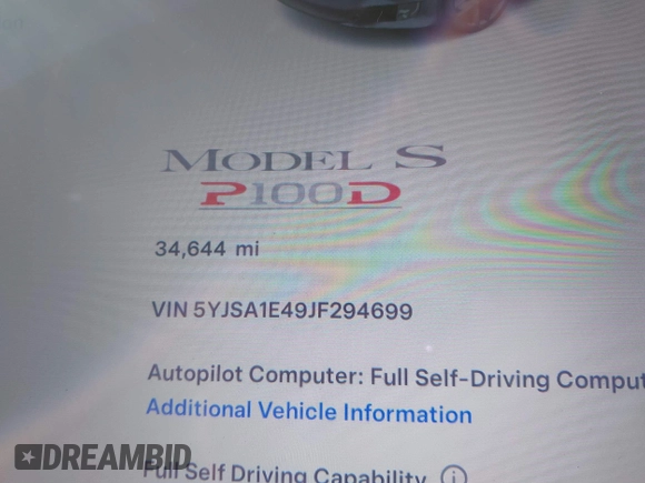 2018 Tesla Model S 75D with VIN 5YJSA1E49JF294699, listed as a IAAI auction lot 41567770 with 34,644 mi miles and . Bid and sale history available at DreamBid. Image 15.