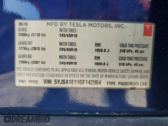 2016 Tesla Model S 70 with VIN 5YJSA1E11GF142964, listed as a Copart auction lot 48319945 with 99,999 mi miles and Clean title. Bid and sale history available at DreamBid. Image 12.