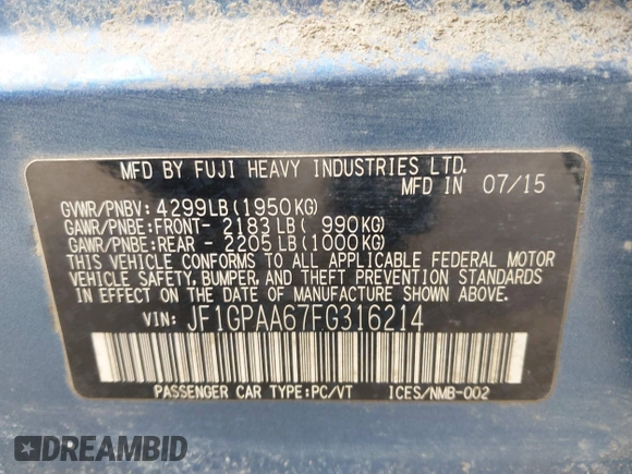 2015 Subaru Impreza 2.0i with VIN JF1GPAA67FG316214, listed as a IAAI auction lot 41704400 with 184,134 mi miles and . Bid and sale history available at DreamBid. Image 9.