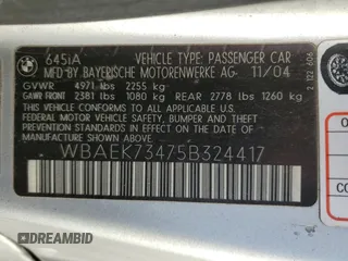 2005 BMW 6 Series 645Ci with VIN WBAEK73475B324417, listed as a Copart auction lot 41783975 with 127,495 mi miles and Clean Title. Bid and sale history available at carsss.com. Image 12.