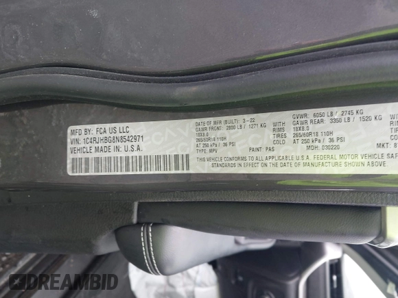 2022 Jeep Grand Cherokee Limited with VIN 1C4RJHBG8N8542971, listed as a IAAI auction lot 40074278 with Not provided miles and . Bid and sale history available at DreamBid. Image 9.