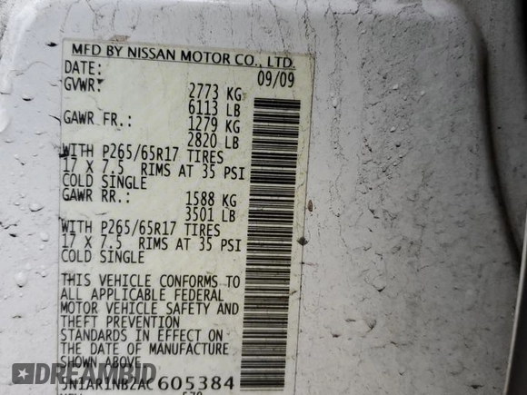 2010 Nissan Pathfinder SE z VIN 5N1AR1NB2AC605384, wystawiony jako Copart lot #52105735 z przebiegiem 138 019 mil mil oraz Szkoda całkowita • Salvage title. Historia ofert i sprzedaży dostępna na DreamBid. Obrazek 15.