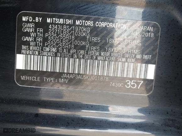 2019 Mitsubishi Outlander Sport ES 2.0 with VIN JA4AP3AU5KU001878, listed as a IAAI auction lot 41036642 with 46,849 mi miles. Bid and sale history available at carsss.com. Image 9.