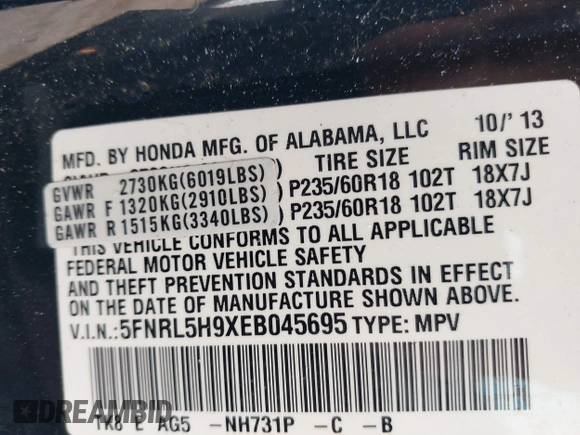 2014 Honda Odyssey Touring with VIN 5FNRL5H9XEB045695, listed as a IAAI auction lot 41545348 with 131,472 mi miles and . Bid and sale history available at carsss.com. Image 9.
