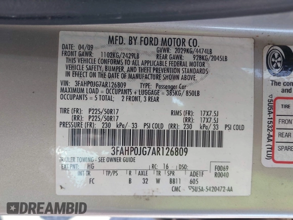 2010 Ford Fusion SEL with VIN 3FAHP0JG7AR126809, listed as a IAAI auction lot 42051858 with 96,915 mi miles. Bid and sale history available at carsss.com. Image 9.