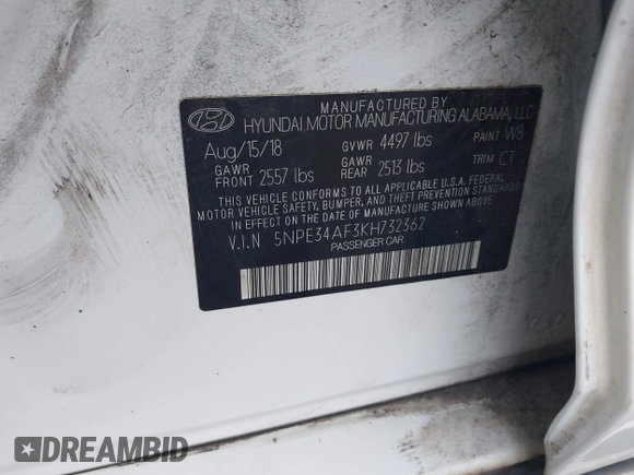 2019 Hyundai Sonata SEL with VIN 5NPE34AF3KH732362, listed as a IAAI auction lot 41918417 with 146,856 mi miles and . Bid and sale history available at DreamBid. Image 9.