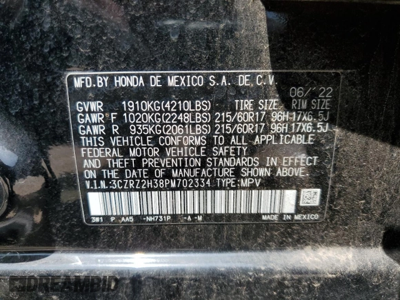 2023 Honda HR-V LX with VIN 3CZRZ2H38PM702334, listed as a Copart auction lot 60760625 with 53,149 mi miles and Salvage title. Bid and sale history available at DreamBid. Image 14.