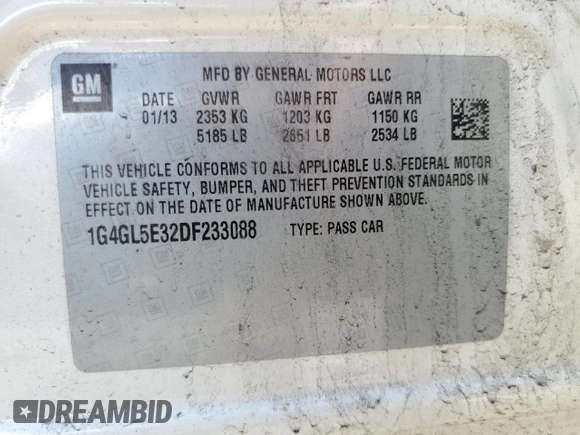 2013 Buick LaCrosse Leather with VIN 1G4GL5E32DF233088, listed as a Copart auction lot 61712435 with 150,241 mi miles and Clean title. Bid and sale history available at DreamBid. Image 12.