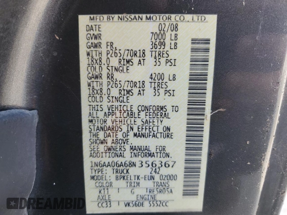 2008 Nissan Titan SE with VIN 1N6AA06A68N356367, listed as a Copart auction lot 85765654 with 203,552 mi miles and Clean Title. Bid and sale history available at carsss.com. Image 12.