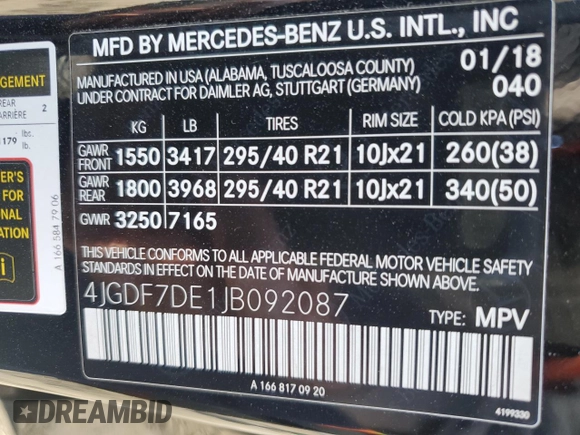 2018 Mercedes-Benz GLS 550 with VIN 4JGDF7DE1JB092087, listed as a Copart auction lot 44409285 with 102,280 mi miles and Salvage title. Bid and sale history available at DreamBid. Image 13.