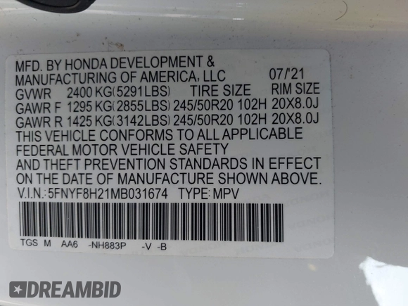 2021 Honda Passport Sport with VIN 5FNYF8H21MB031674, listed as a IAAI auction lot 41739769 with 36,894 mi miles and . Bid and sale history available at DreamBid. Image 9.