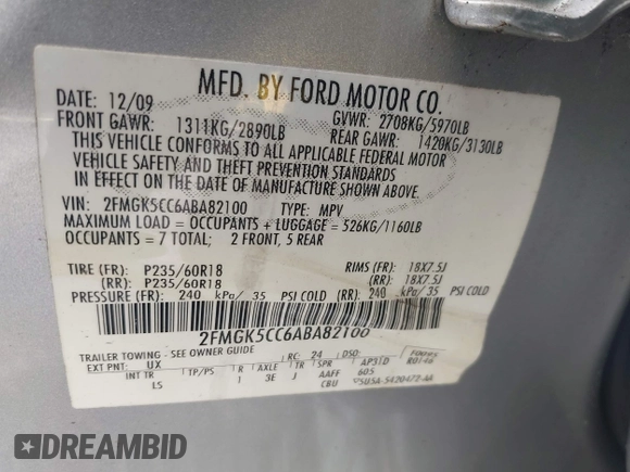 2010 Ford Flex SEL z VIN 2FMGK5CC6ABA82100, wystawiony jako IAAI lot #41960218 z przebiegiem 198 328 mil mil oraz . Historia ofert i sprzedaży dostępna na DreamBid. Obrazek 9.