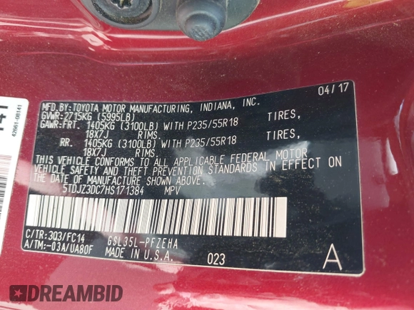 2017 Toyota Sienna LE with VIN 5TDJZ3DC7HS171384, listed as a IAAI auction lot 41715969 with 113,411 mi miles. Bid and sale history available at carsss.com. Image 9.