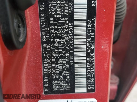 2012 Toyota Camry L with VIN 4T1BF1FK8CU545345, listed as a Copart auction lot 42800475 with 358,855 mi miles and Salvage Title. Bid and sale history available at DreamBid. Image 12.