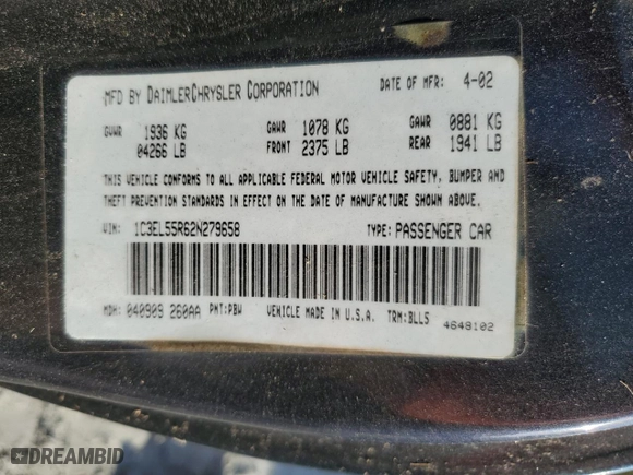 2002 Chrysler Sebring LXi with VIN 1C3EL55R62N279658, listed as a Copart auction lot 84976024 with 0 mi miles and Clean Title. Bid and sale history available at carsss.com. Image 12.