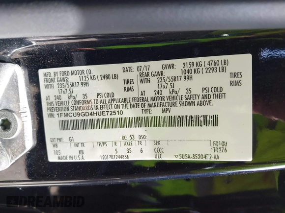 2017 Ford Escape SE with VIN 1FMCU9GD4HUE72510, listed as a IAAI auction lot 41932364 with 115,991 mi miles. Bid and sale history available at carsss.com. Image 9.