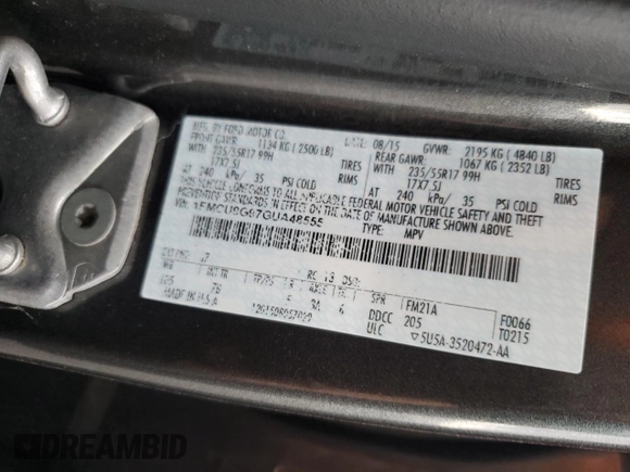 2016 Ford Escape SE with VIN 1FMCU9G97GUA48555, listed as a Copart auction lot 49285395 with 106,941 mi miles and Salvage Title. Bid and sale history available at DreamBid. Image 13.