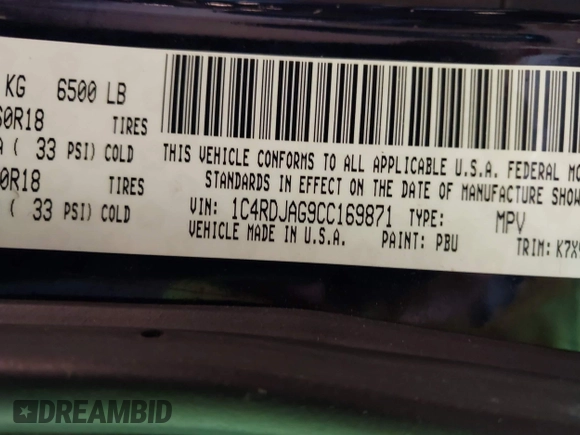 2012 Dodge Durango SXT with VIN 1C4RDJAG9CC169871, listed as a IAAI auction lot 42558583 with 259,113 mi miles and . Bid and sale history available at DreamBid. Image 9.