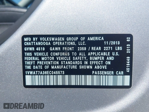 2014 Volkswagen Passat Wolfsburg Edition with VIN 1VWAT7A36EC045573, listed as a IAAI auction lot 41998740 with 151,633 mi miles and . Bid and sale history available at DreamBid. Image 9.