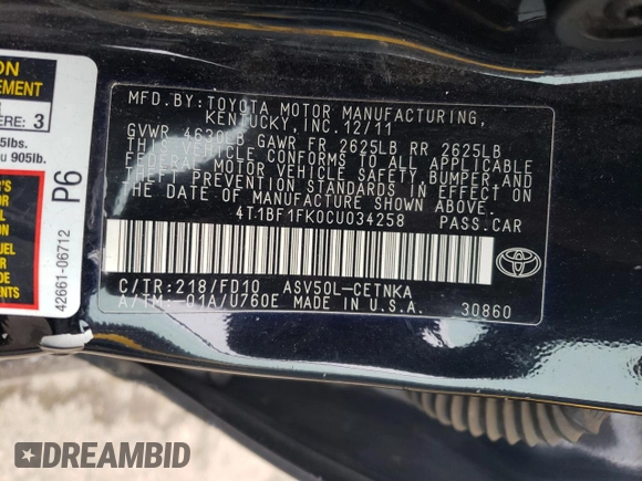 2012 Toyota Camry L with VIN 4T1BF1FK0CU034258, listed as a Copart auction lot 43572785 with 200,166 mi miles and Salvage Title. Bid and sale history available at carsss.com. Image 12.
