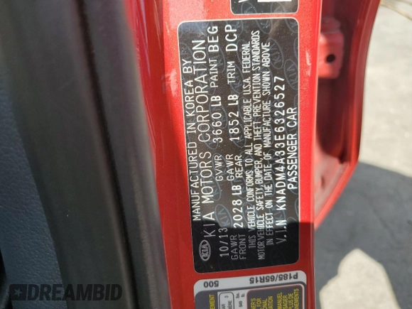 2014 Kia Rio LX with VIN KNADM4A33E6326527, listed as a Copart auction lot 56216215 with 98,340 mi miles and Clean Title. Bid and sale history available at DreamBid. Image 12.