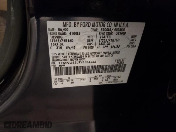 2000 Ford Excursion с VIN 1FMNU43L9YEE34533, выставлен на аукционе Copart как лот 71250094 с пробегом 164 764 миль миль и Чистый • Clean title. История ставок и продаж доступна на DreamBid. Изображение 13.