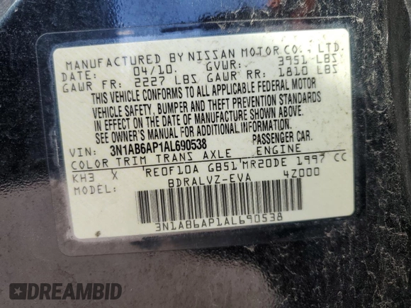 2010 Nissan Sentra SR with VIN 3N1AB6AP1AL690538, listed as a Copart auction lot 52086045 with 82,873 mi miles and Salvage Title. Bid and sale history available at DreamBid. Image 12.